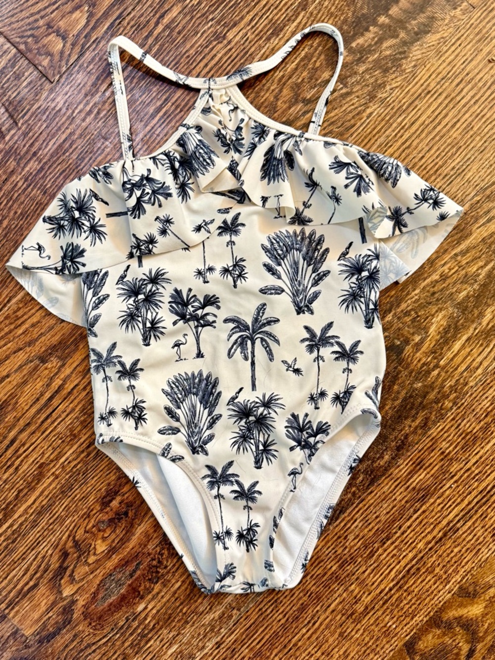 Janie and Jack White Navy Blue Palm Toile Ruffle Swimsuit - Girls Size 4 EUC